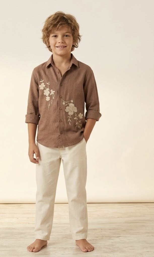Men’s Brown Embroidered Linen-Look Shirt _ Boho Summer Fashion for Men