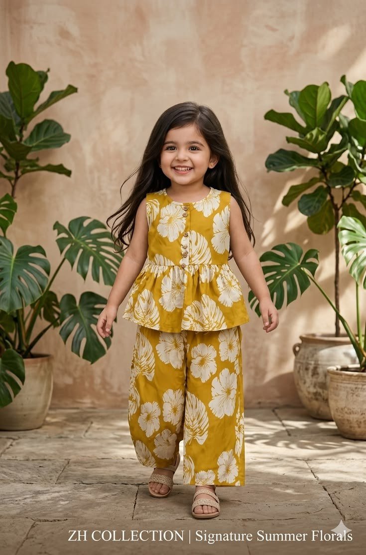 Trendy Kids Summer Co-Ord Set _ Mustard Floral Peplum & Trousers ✨