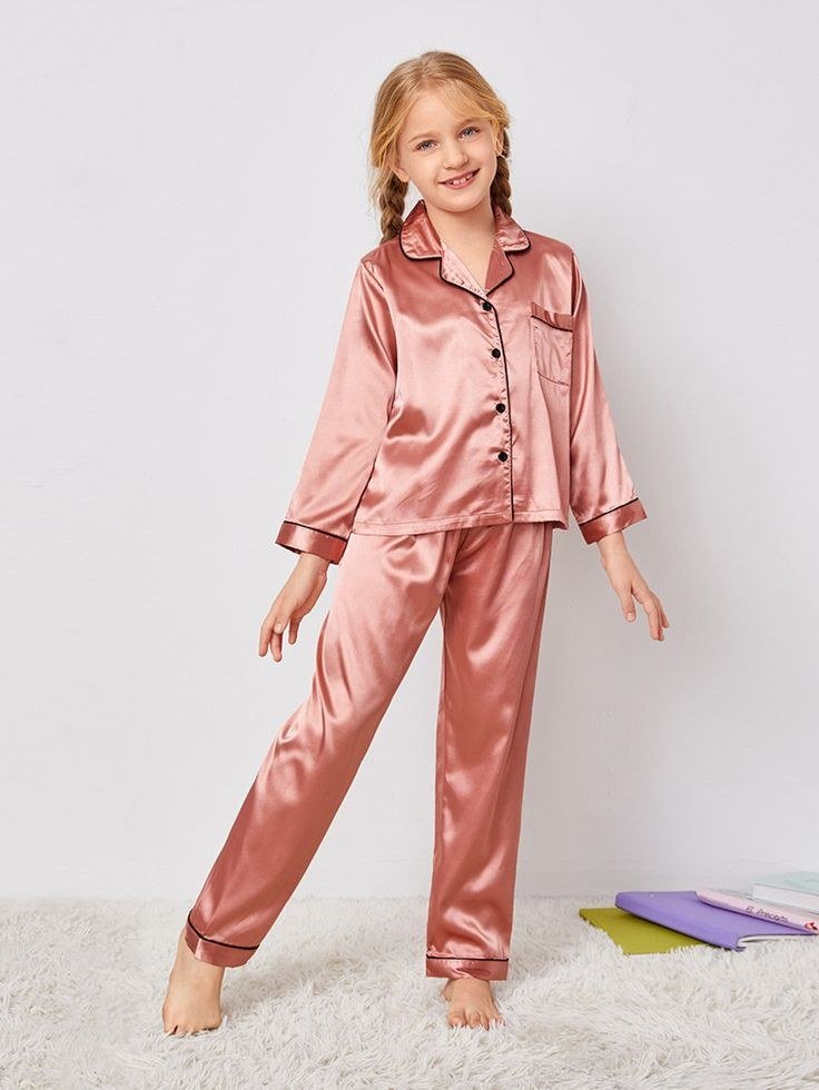 Girls Button Front Satin Pajama Set