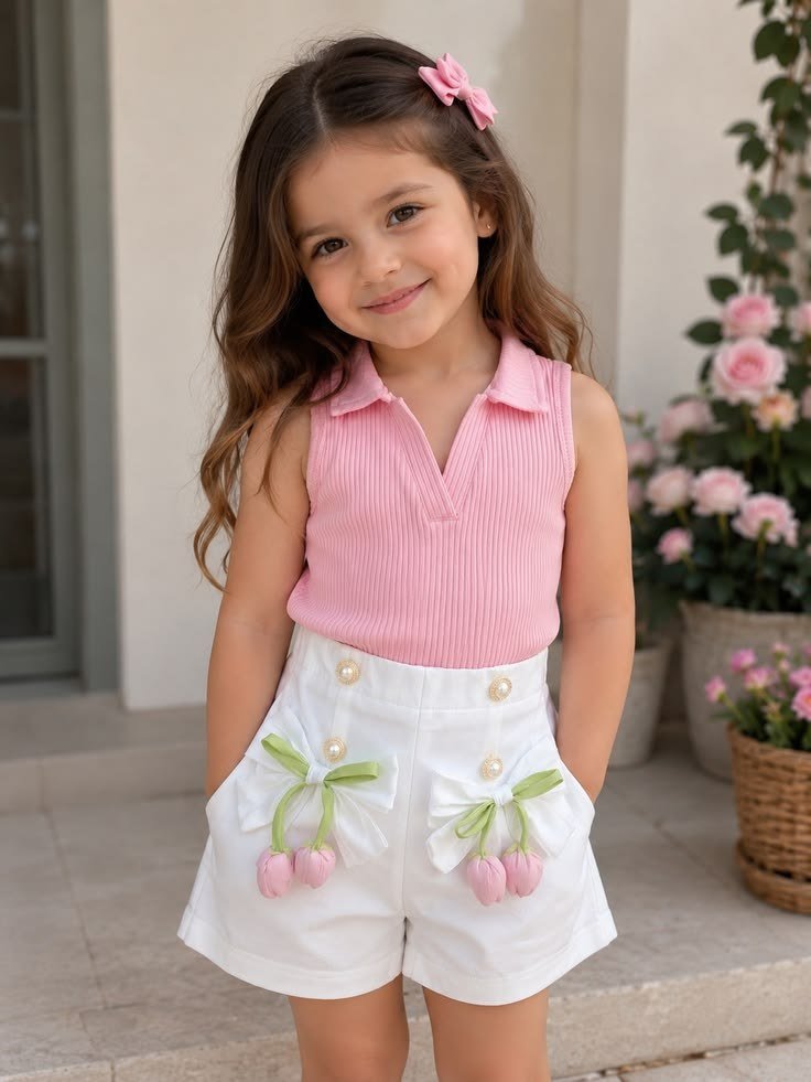 Girls Pink Polo Top & Floral Bow Shorts – Cute Kids Summer Outfit