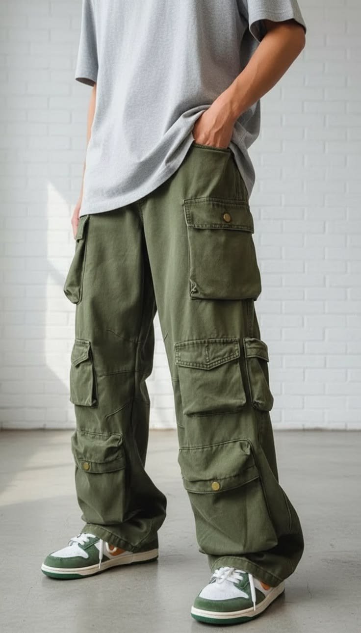 Multi Pocket Cargo Pants, Y2K Baggy Streetwear Style, Loose Wide Leg Men Pants