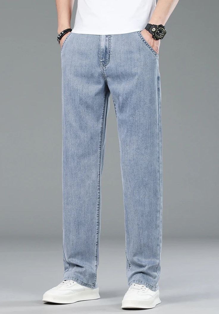 Men_s Business Casual Lyocell Jeans Summer Thin High Waist - Light Blue 11 _ 35