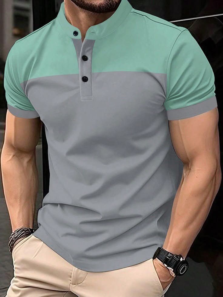 Men_s Casual Commuting Short Sleeve Polo Shirt With Color Block Design, Summer