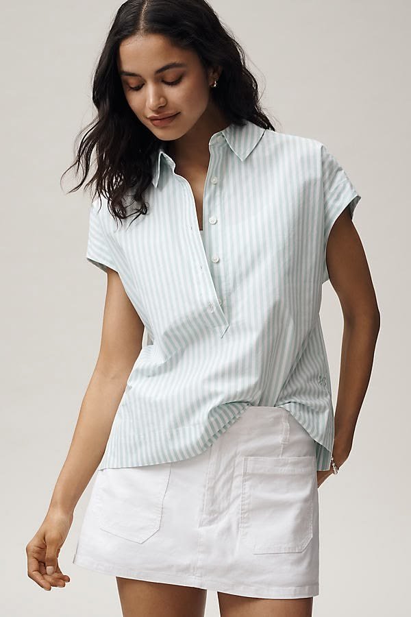 Maeve 100_ Cotton Sleeveless Buttondown Shirt - Green Stripe