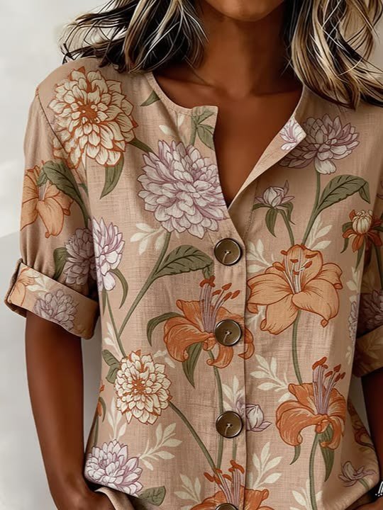 Women Floral Casual Shirts Stand Collar Buckle Long Sleeve Spring_Fall Top