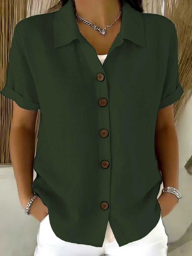 Women Plain Casual Shirts Shirt Collar Short Sleeve Summer Top