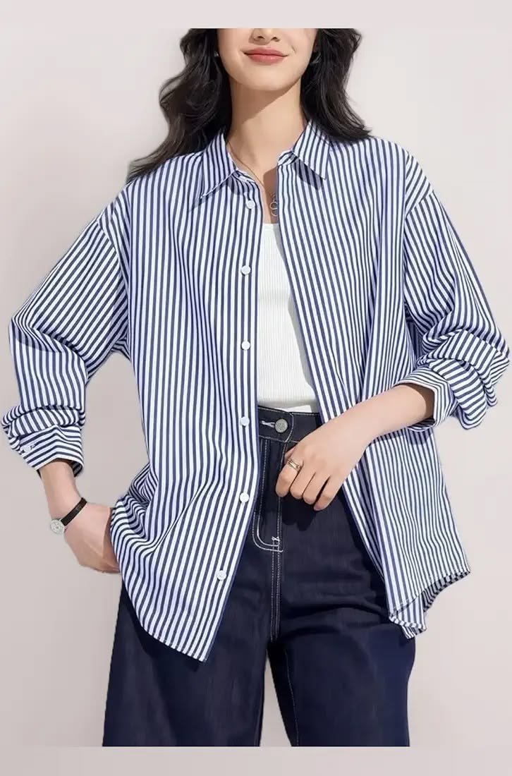 Women_s Cotton Oversized Comfort Striped Spread Collar Long Sleeves Shirt